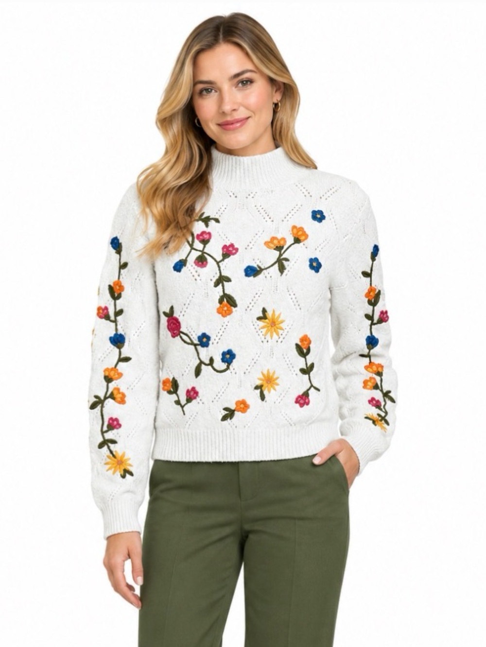 Francesca's White Floral Embroidered Pointelle Knit Mock Neck Sweater Sz Medium